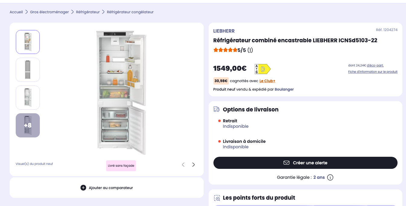 Fiche produit annoncée, retrait et livraison indisponibles