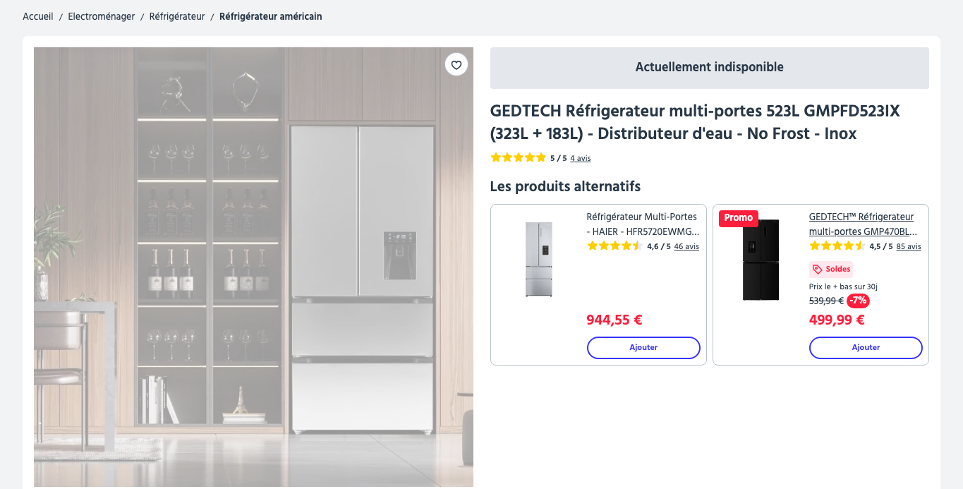 Fiche produit annoncée, marquée actuellement indisponible